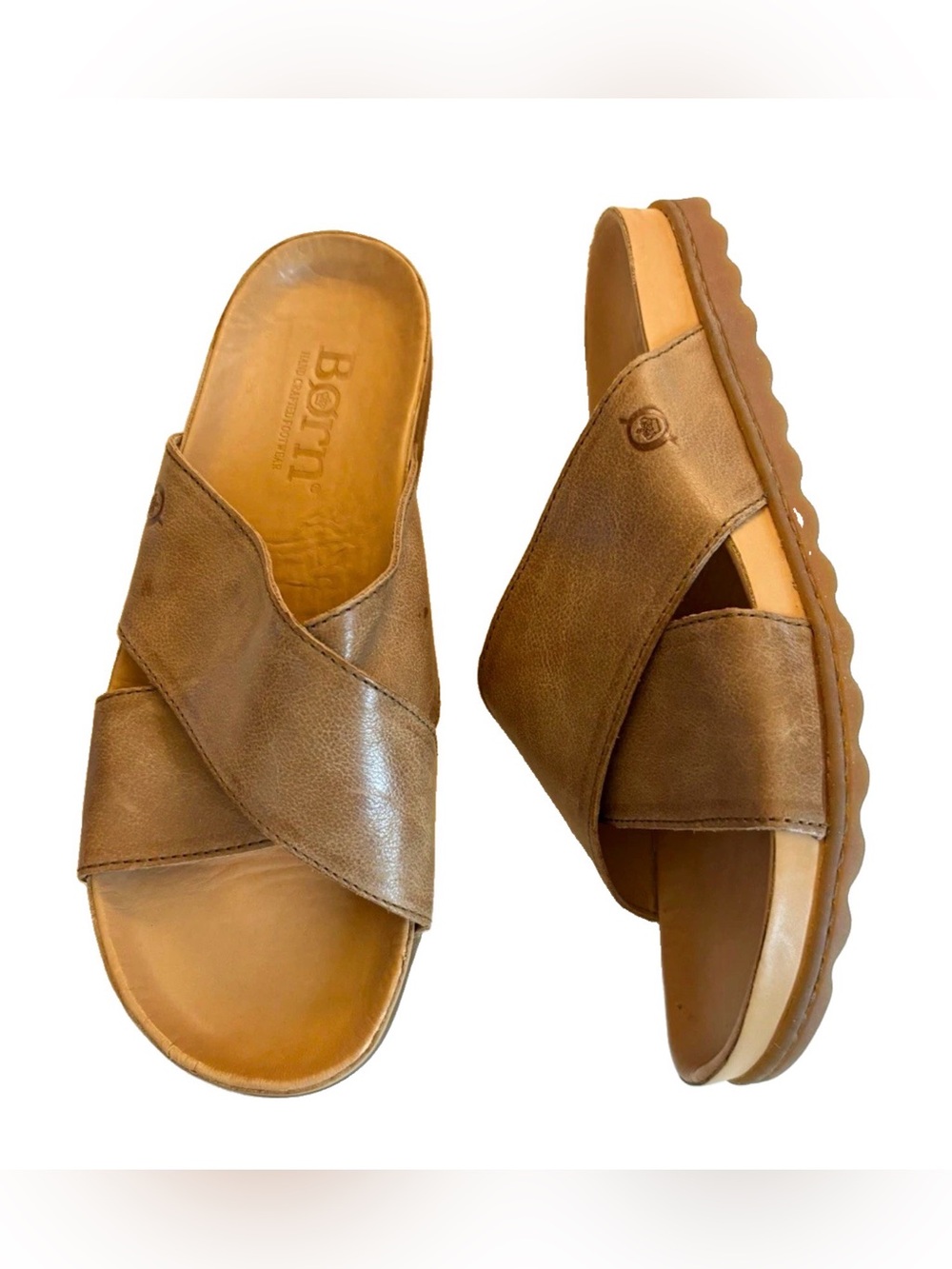 Born Brown Leather Crisscross Slide Mules